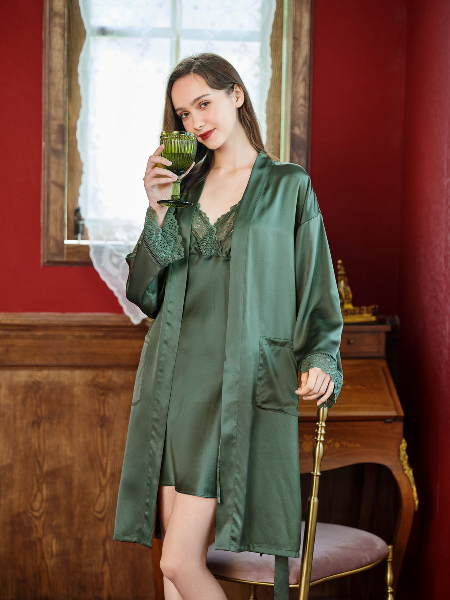 Silk Lace Robe Vintage Dark Green, Solid Color Long Sleeve Women's Dressing Gown Premium Mulberry Silk M