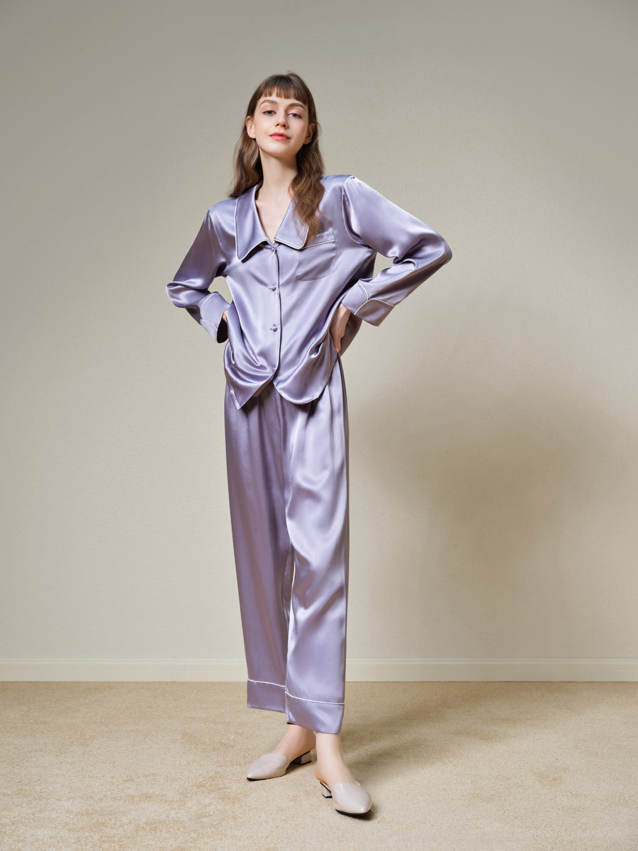 SIHA Women's Satin Silk Pajama Set – Long Sleeve Button-Down Top & Pants – Dark Purple – Size 2XL - View #14