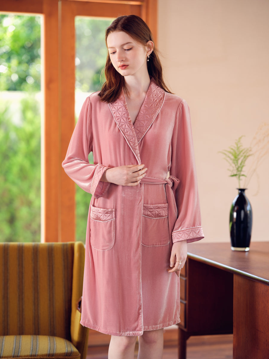 Silk Velvet Robe, Silk Velvet Bathrobe in Pink Ginell Silks