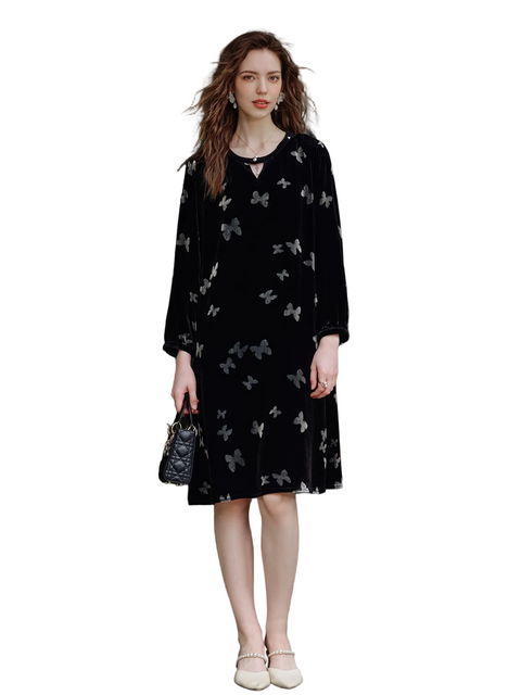 Women's Silk Velvet Burnout Long-Sleeve Midi Nightdress – Butterfly Print, Silk-Lined Luxury Loungewear