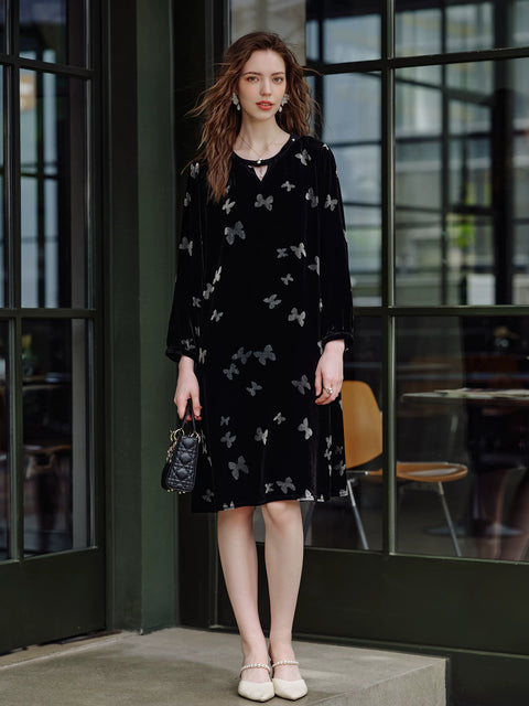 Women's black Silk Velvet burnout midi nightdress with butterfly print, full length