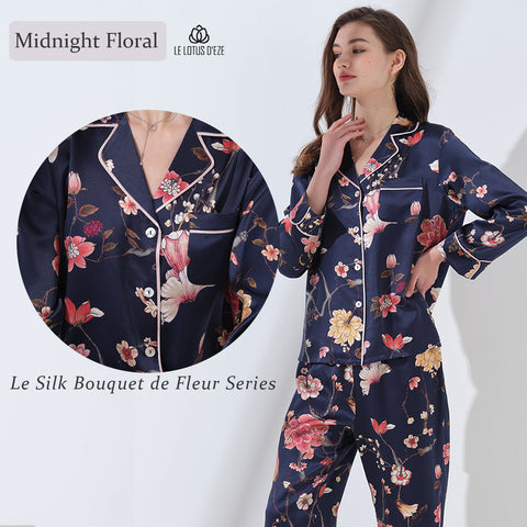 Le Silk Bouquet Women's 100% Silk Pajama Set Floral Patterns