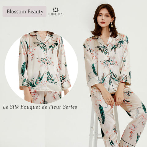 Le Silk Bouquet Women's 100% Silk Pajama Set Floral Patterns