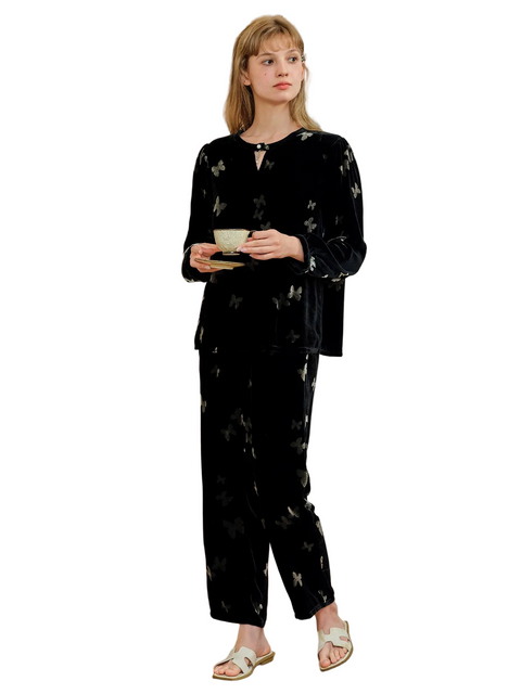 Women's Silk Velvet Burnout Long-Sleeve Pajama Set – Butterfly Print, Silk-Lined Luxury Loungewear