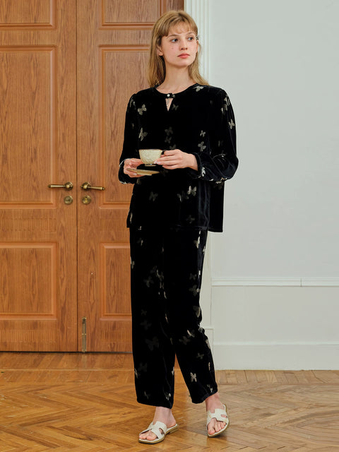 Women's black Silk Velvet butterfly pajama set, full length, long-sleeve top and straight-leg pants