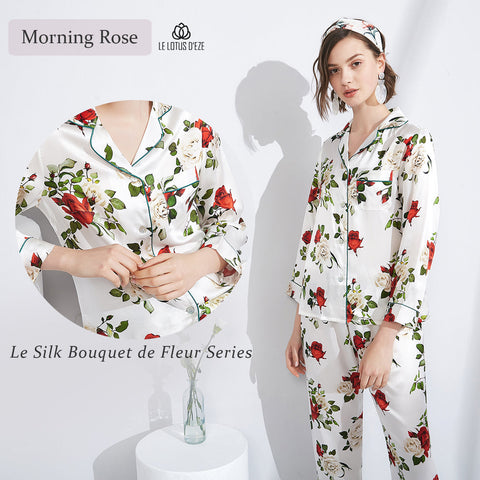 Le Silk Bouquet Women's 100% Silk Pajama Set Floral Patterns