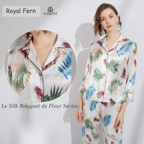 Le Silk Bouquet Women's 100% Silk Pajama Set Floral Patterns