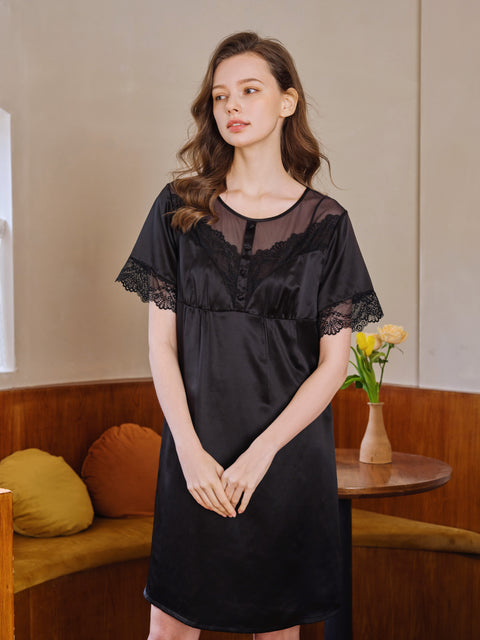Camisón de seda de manga corta con encaje y almohadillas para el pecho