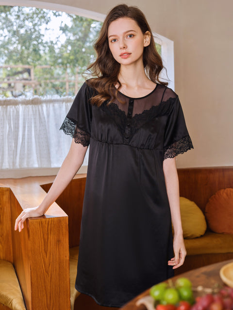 Camisón de seda de manga corta con encaje y almohadillas para el pecho