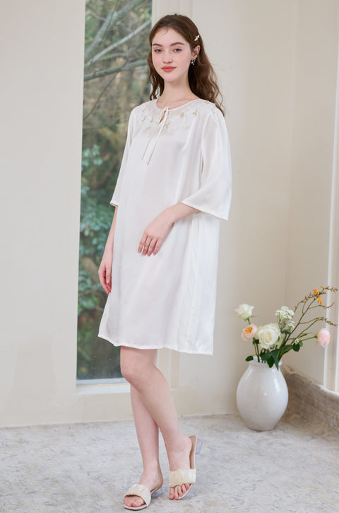 Camisón de Seda Media Manga 100% Seda Morera Vestido de Seda Crema de 19 Momme con Encaje y Cuello de Gasa