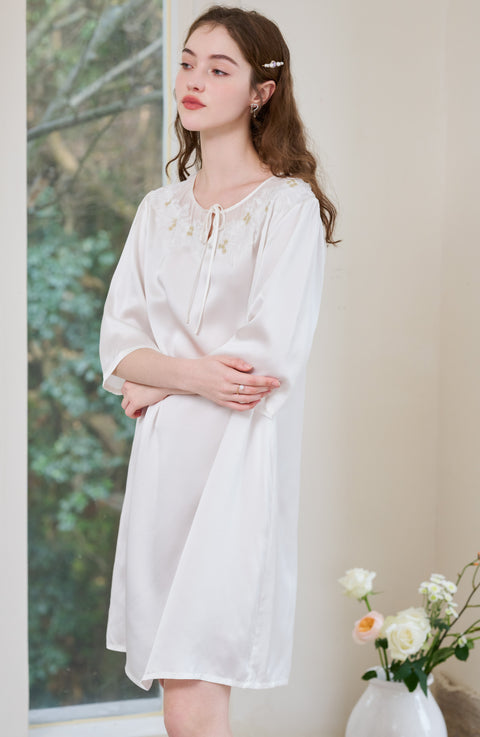Camisón de Seda Media Manga 100% Seda Morera Vestido de Seda Crema de 19 Momme con Encaje y Cuello de Gasa