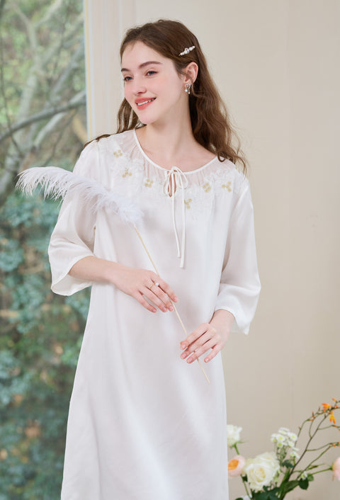 Half Sleeve Silk Nightgown Cream Silk Dress