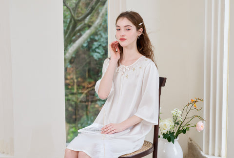 Camisón de Seda Media Manga 100% Seda Morera Vestido de Seda Crema de 19 Momme con Encaje y Cuello de Gasa