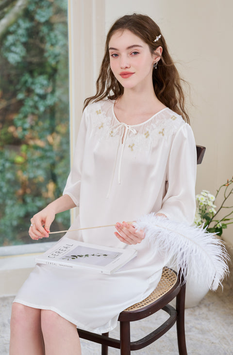 Camisón de Seda Media Manga 100% Seda Morera Vestido de Seda Crema de 19 Momme con Encaje y Cuello de Gasa