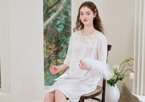 Camisón de Seda Media Manga 100% Seda Morera Vestido de Seda Crema de 19 Momme con Encaje y Cuello de Gasa
