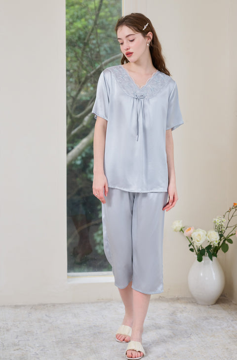 Silk Loungewear and Sleepwear with Crop Pants Light Grey Blue