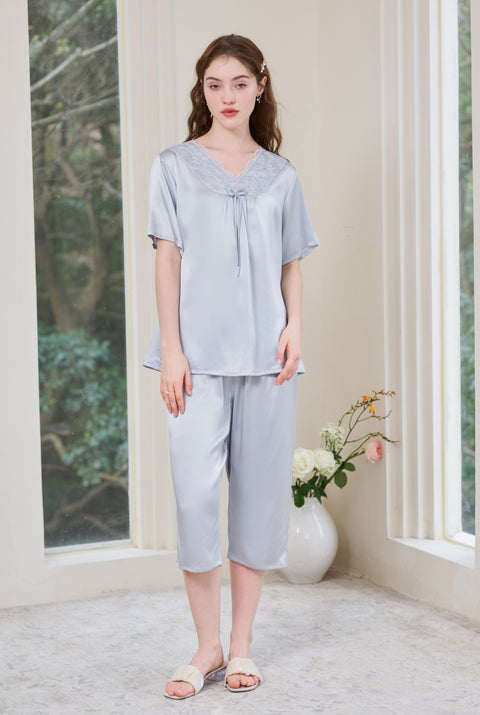 Silk Loungewear and Sleepwear with Crop Pants Light Grey Blue