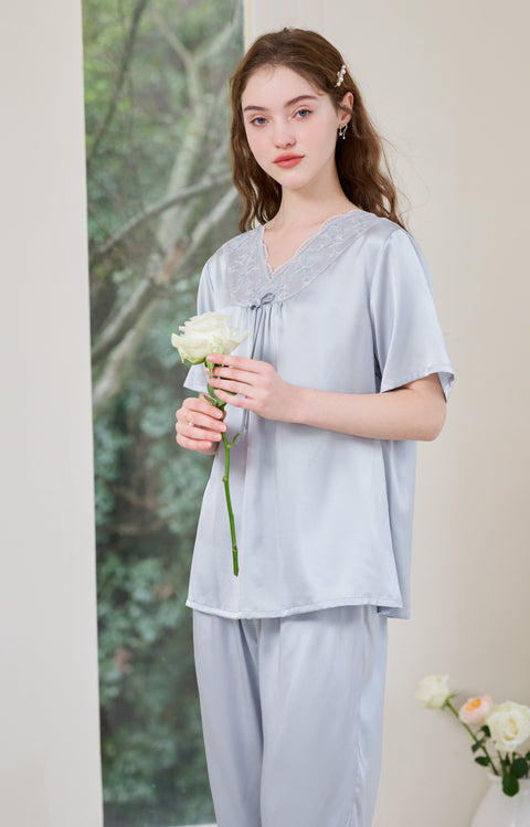 Silk Loungewear and Sleepwear with Crop Pants Light Grey Blue