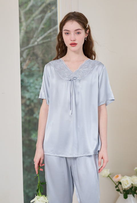 Silk Loungewear and Sleepwear with Crop Pants Light Grey Blue