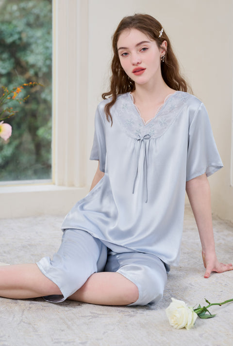 Silk Loungewear and Sleepwear with Crop Pants Light Grey Blue