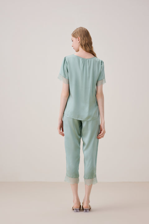 Short Sleeve Silk Pajama Set Lace V Neck and Trim