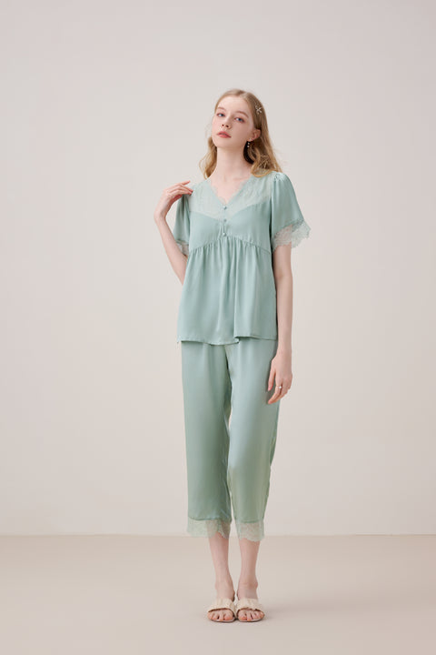 Short Sleeve Silk Pajama Set Lace V Neck and Trim