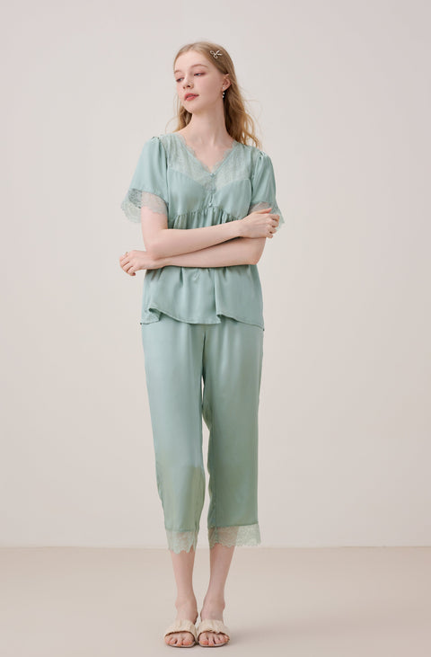 Short Sleeve Silk Pajama Set Lace V Neck and Trim