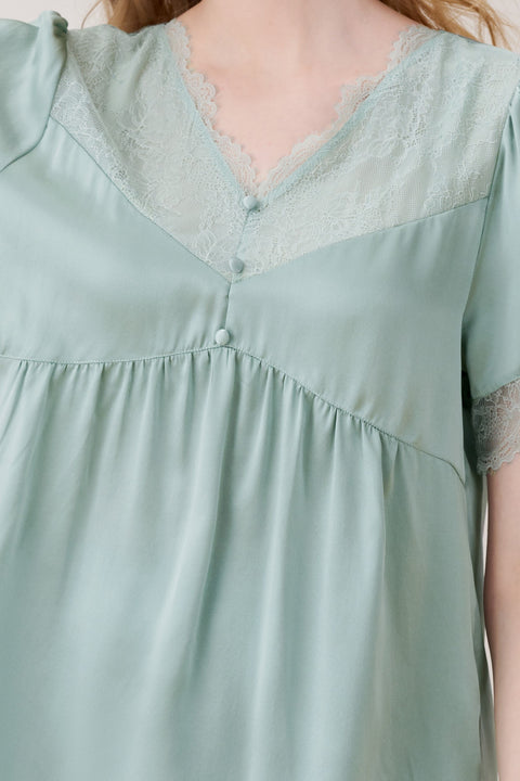 Short Sleeve Silk Pajama Set Lace V Neck and Trim