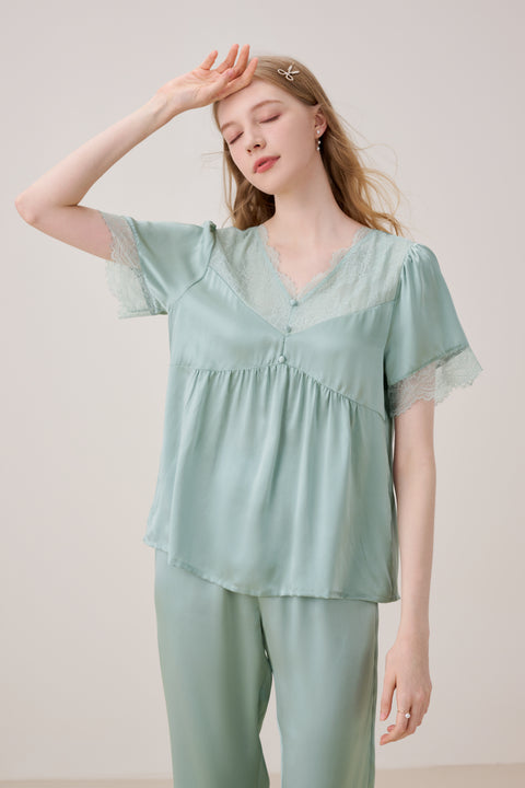 Short Sleeve Silk Pajama Set Lace V Neck and Trim