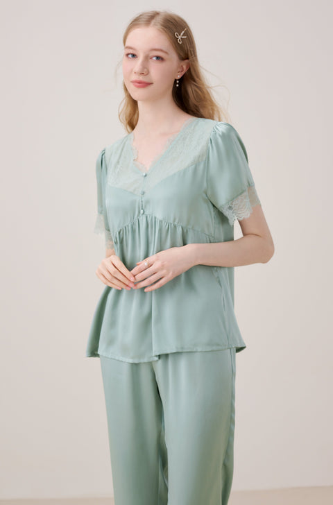 Short Sleeve Silk Pajama Set Lace V Neck and Trim