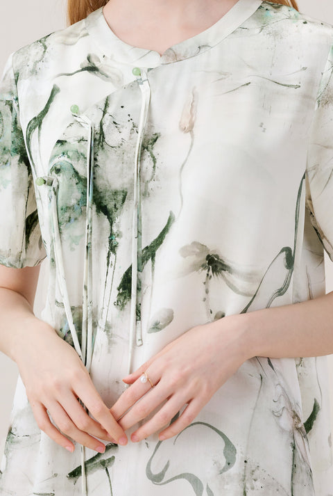 Camisón de seda de estilo chino retro lujoso con estampado de pintura en tinta