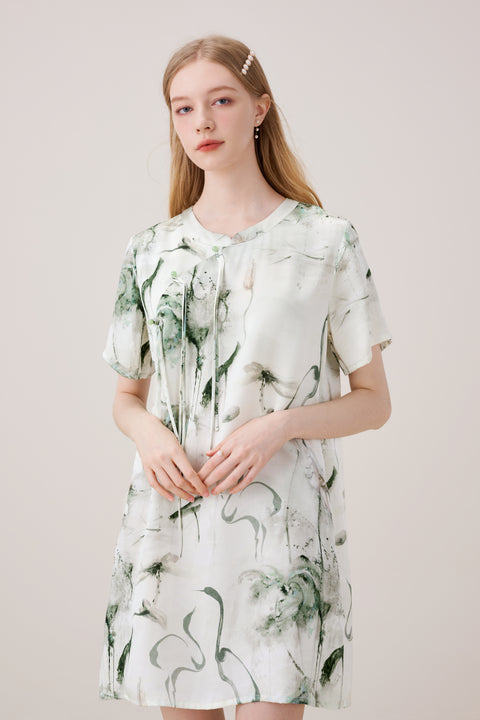 Camisón de seda de estilo chino retro lujoso con estampado de pintura en tinta
