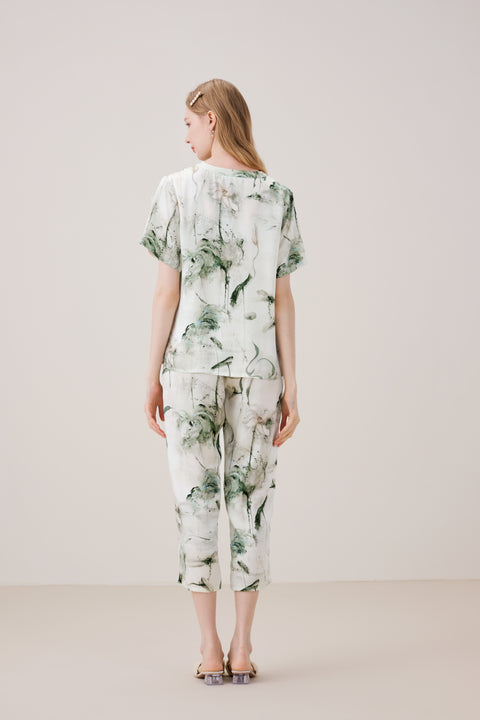 Luxurious Vintage Chinese Style Silk Pajama Set Ink Painting Print