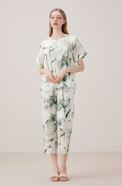 Luxurious Vintage Chinese Style Silk Pajama Set Ink Painting Print
