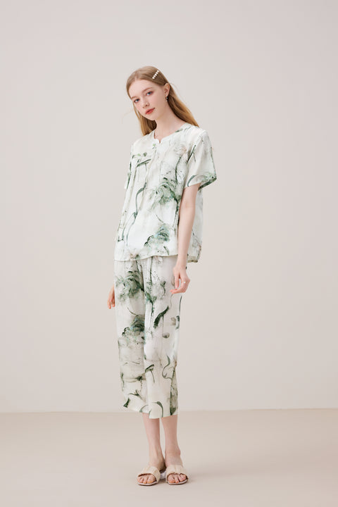 Luxurious Vintage Chinese Style Silk Pajama Set Ink Painting Print