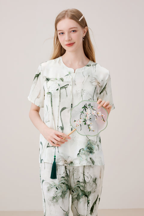 Luxurious Vintage Chinese Style Silk Pajama Set Ink Painting Print