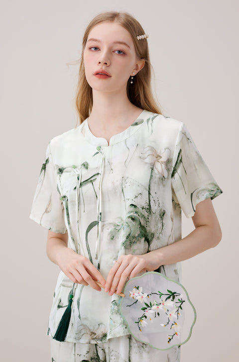 Luxurious Vintage Chinese Style Silk Pajama Set Ink Painting Print