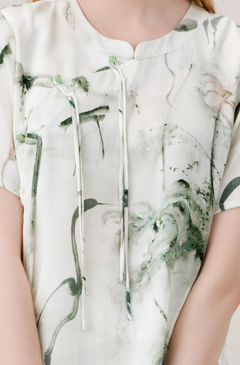 Luxurious Vintage Chinese Style Silk Pajama Set Ink Painting Print