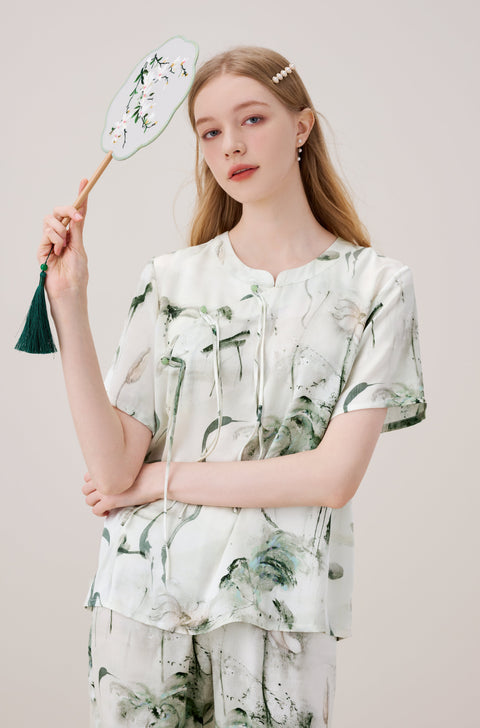 Luxurious Vintage Chinese Style Silk Pajama Set Ink Painting Print