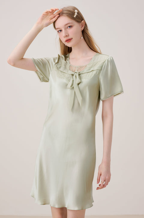 Camisón de Seda Escote en Pico Verde Salvia
