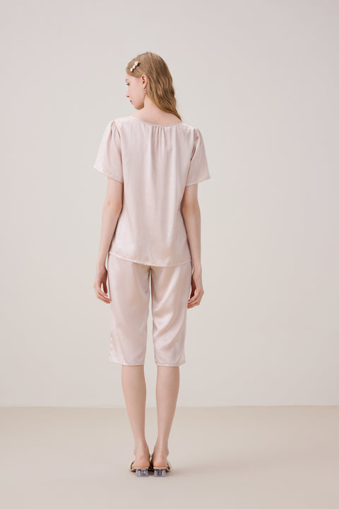 Silk Pajama Set Crop Pants Pinkish Grey