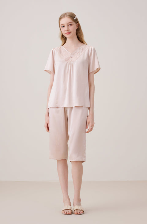 Silk Pajama Set Crop Pants Pinkish Grey