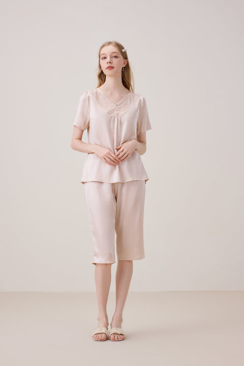 Silk Pajama Set Crop Pants Pinkish Grey