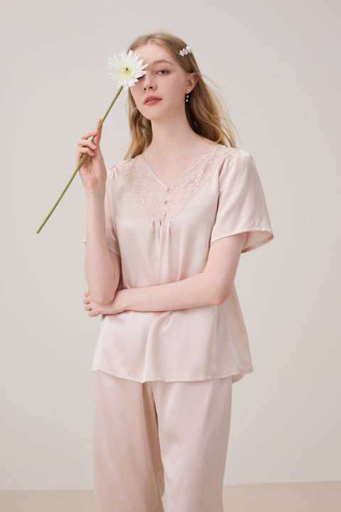 Silk Pajama Set Crop Pants Pinkish Grey