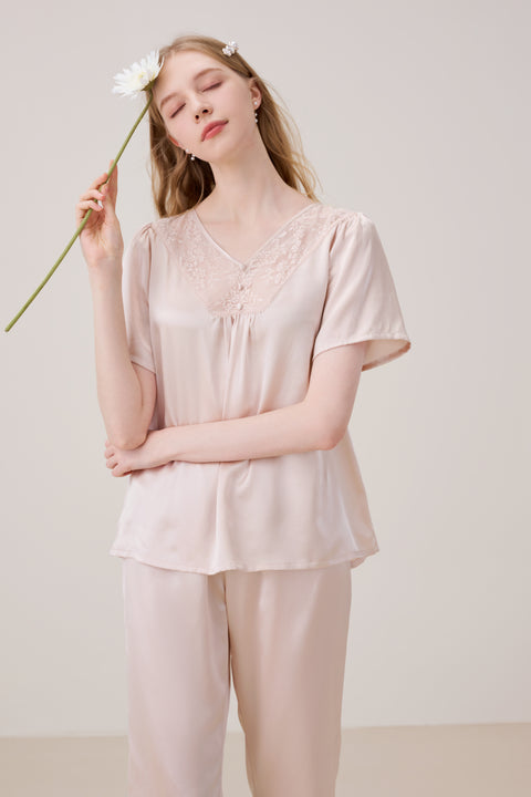 Silk Pajama Set Crop Pants Pinkish Grey