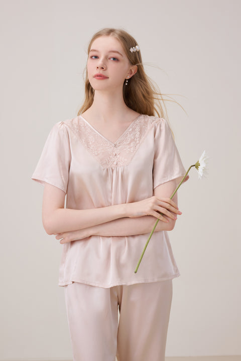 Silk Pajama Set Crop Pants Pinkish Grey