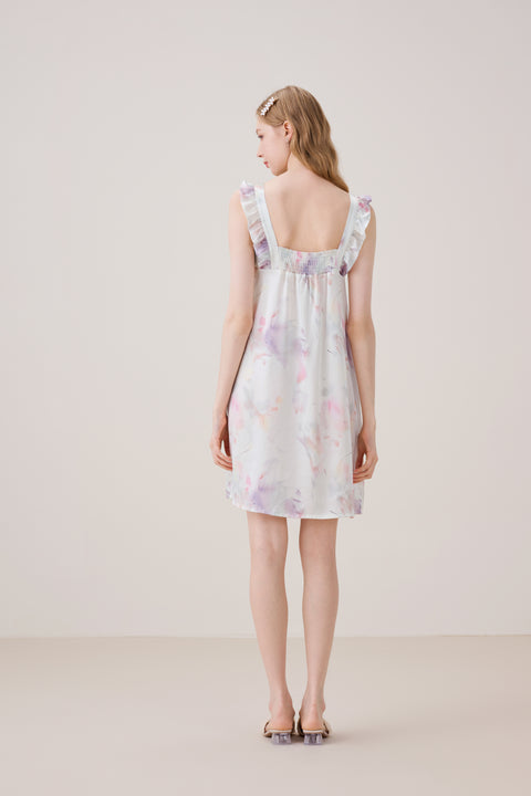 Camisón de Seda Sin Mangas con Bordes Volantes Estampado Pastel