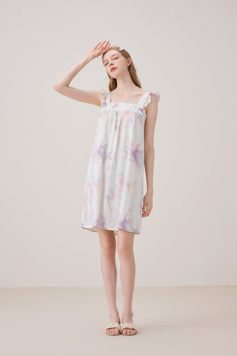 Camisón de Seda Sin Mangas con Bordes Volantes Estampado Pastel
