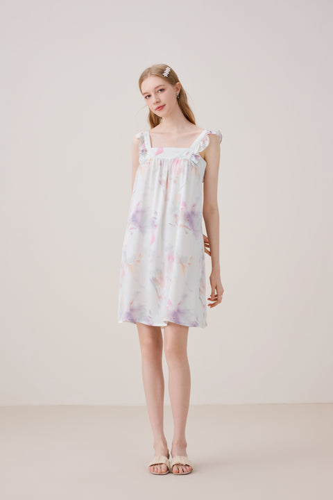Camisón de Seda Sin Mangas con Bordes Volantes Estampado Pastel