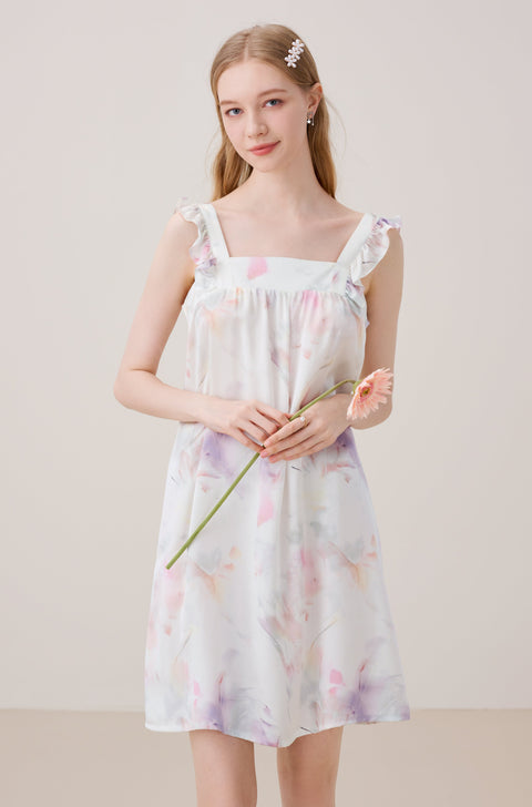 Camisón de Seda Sin Mangas con Bordes Volantes Estampado Pastel